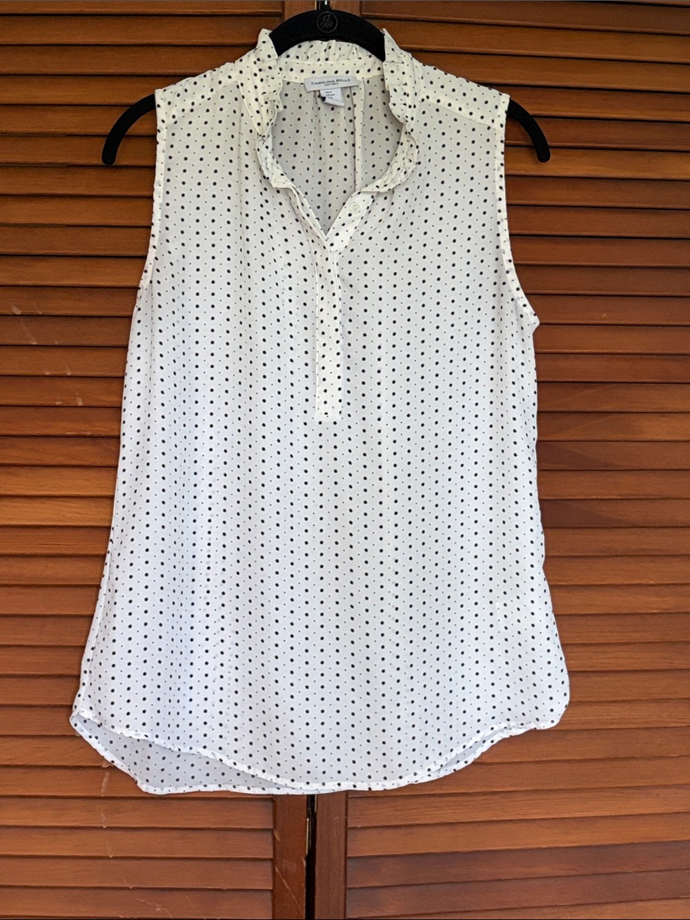 Carolina Belle White Sleeveless Ruffle-Neck Polka Dot Blouse